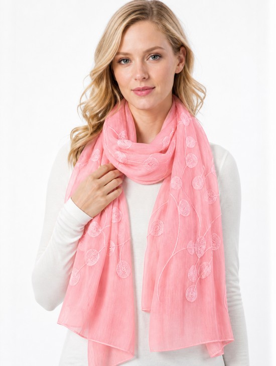 Lightweight Scarf with Embroidered Leaves 