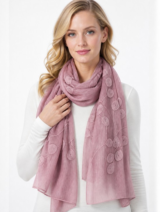 Lightweight Scarf with Embroidered Leaves 