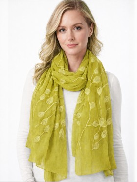 Lightweight Scarf with Embroidered Leaves 