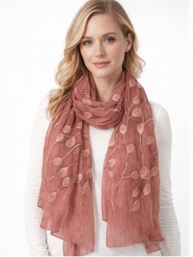 Lightweight Scarf with Embroidered Leaves 