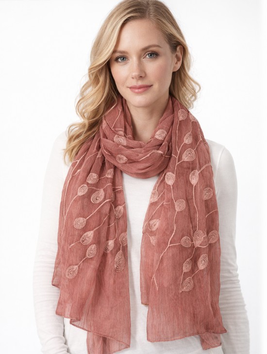 Lightweight Scarf with Embroidered Leaves 