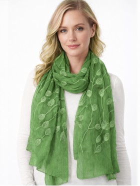 Lightweight Scarf with Embroidered Leaves 