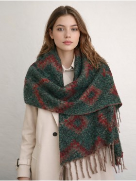 Reversible Tribal Patterned Blanket Scarf W/ Twisted Tassels