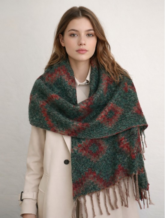 Reversible Tribal Patterned Blanket Scarf W/ Twisted Tassels