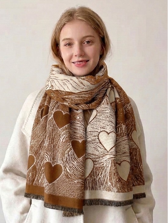 Cashmere Feeling Heart Print Premium Scarf
