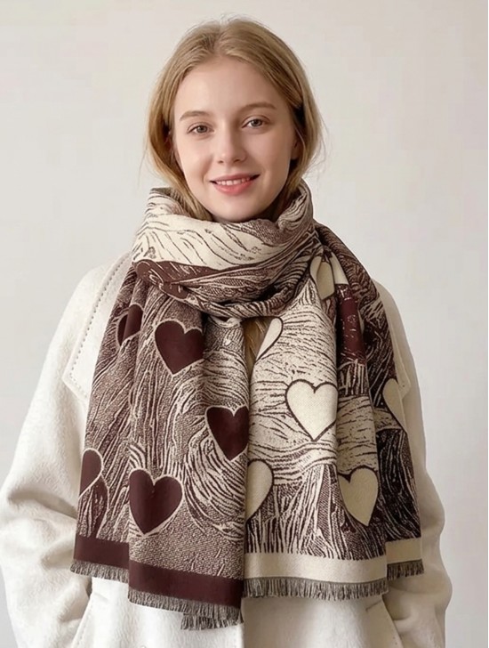 Cashmere Feeling Heart Print Premium Scarf