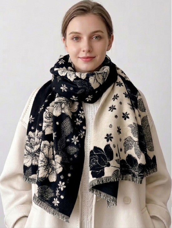 Cashmere Feeling Flower Print Premium Scarf