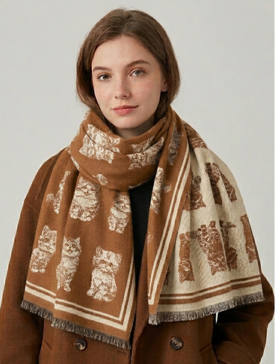 Cashmere Feeling Cat Print Premium Scarf