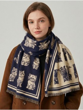 Cashmere Feeling Cat Print Premium Scarf