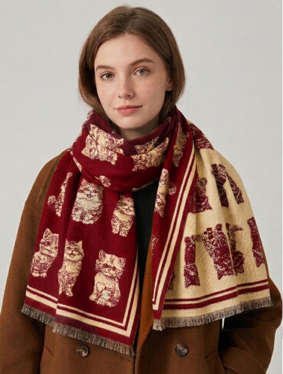 Cashmere Feeling Cat Print Premium Scarf