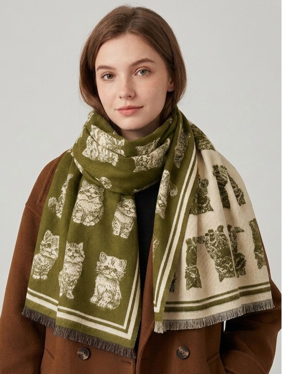 Cashmere Feeling Cat Print Premium Scarf