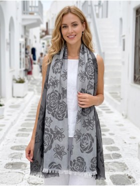 Two-Tone Rose Print Fashion Shawl Scarf W/ Cut Tassels