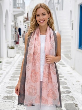 Two-Tone Rose Print Fashion Shawl Scarf W/ Cut Tassels