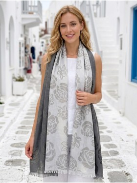 Two-Tone Rose Print Fashion Shawl Scarf W/ Cut Tassels