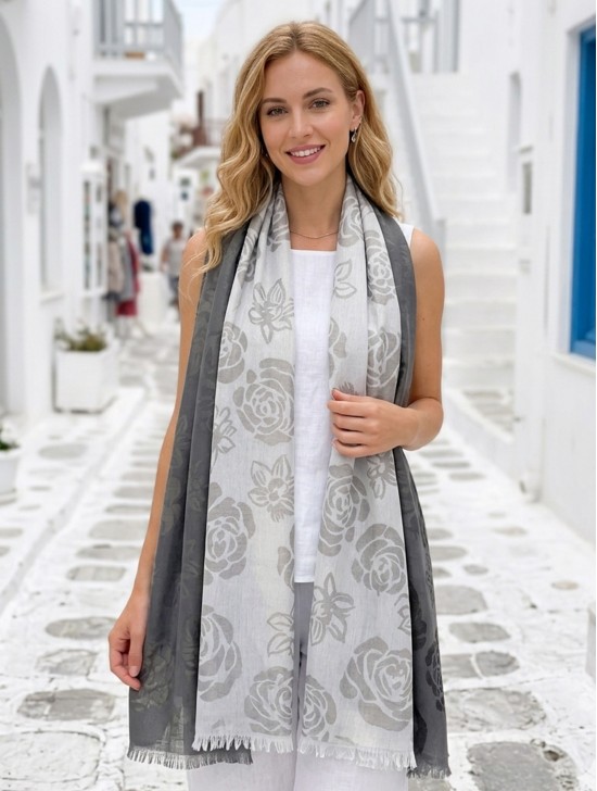 Two-Tone Rose Print Fashion Shawl Scarf W/ Cut Tassels