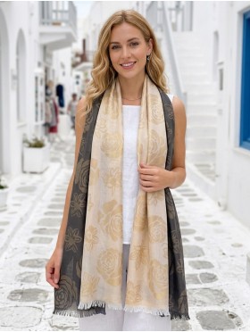 Two-Tone Rose Print Fashion Shawl Scarf W/ Cut Tassels