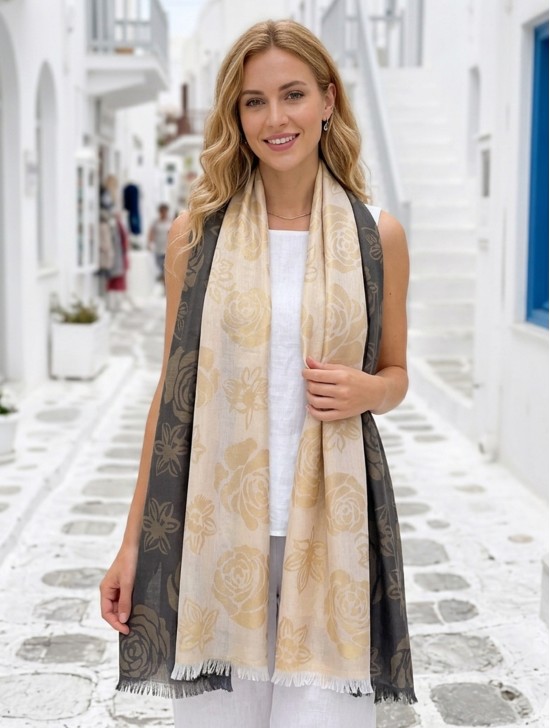 Two-Tone Rose Print Fashion Shawl Scarf W/ Cut Tassels