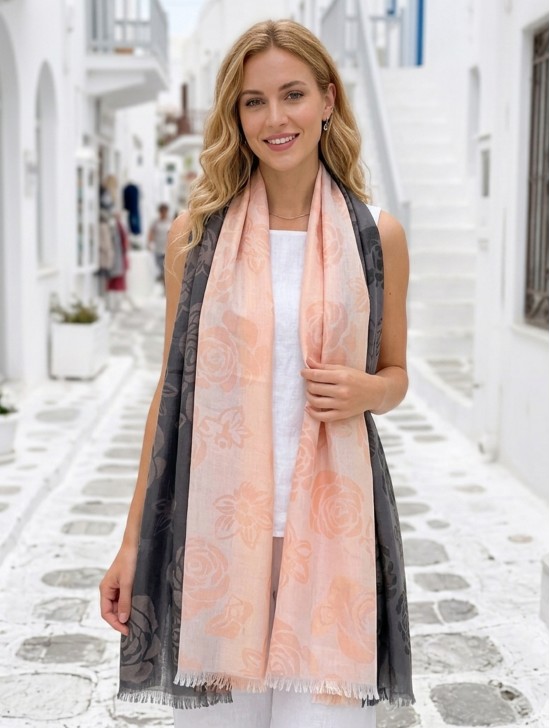 Two-Tone Rose Print Fashion Shawl Scarf W/ Cut Tassels Two-Tone Rose Print Fashion Shawl Scarf W/ Cut Tassels