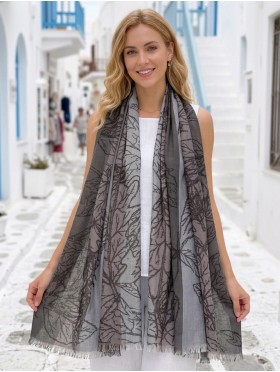 Two-Tone Leaves Print Fashion Shawl Scarf W/ Cut Tassels