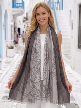 Two-Tone Leaves Print Fashion Shawl Scarf W/ Cut Tassels
