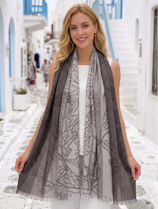 Two-Tone Leaves Print Fashion Shawl Scarf W/ Cut Tassels
