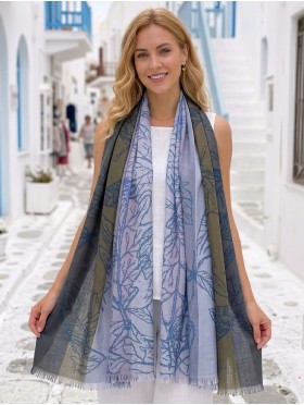 Two-Tone Leaves Print Fashion Shawl Scarf W/ Cut Tassels