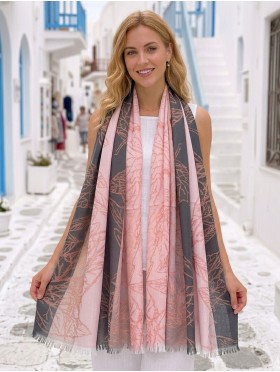 Two-Tone Leaves Print Fashion Shawl Scarf W/ Cut Tassels