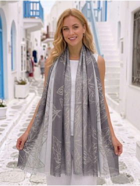Two-Tone Leaves Print Fashion Shawl Scarf W/ Cut Tassels