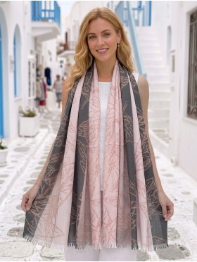 Two-Tone Leaves Print Fashion Shawl Scarf W/ Cut Tassels