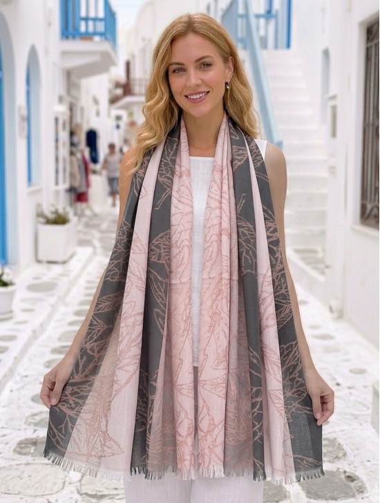Two-Tone Leaves Print Fashion Shawl Scarf W/ Cut Tassels