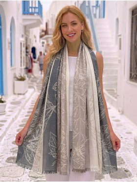 Two-Tone Leaves Print Fashion Shawl Scarf W/ Cut Tassels