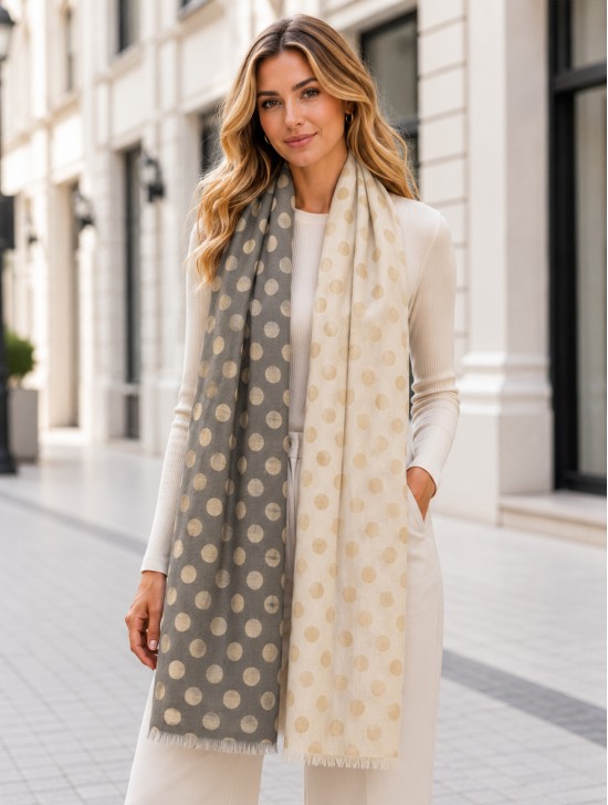 Two-Tone Polka Dot Print Fashion Shawl Scarf W/ Cut Tassels Two-Tone Polka Dot Print Fashion Shawl Scarf W/ Cut Tassels