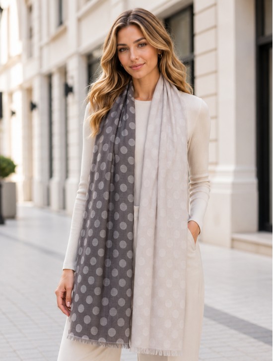 Two-Tone Polka Dot Print Fashion Shawl Scarf W/ Cut Tassels Two-Tone Polka Dot Print Fashion Shawl Scarf W/ Cut Tassels