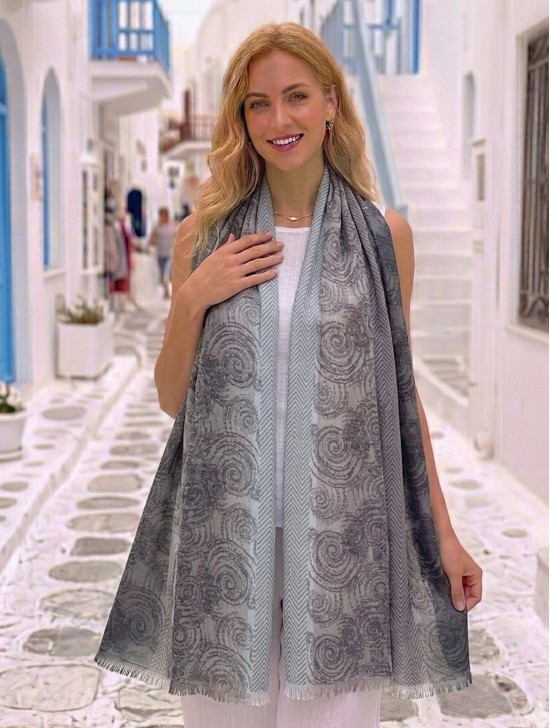 Two-Tone Cloud Print Fashion Shawl Scarf W/ Cut Tassels Two-Tone Cloud Print Fashion Shawl Scarf W/ Cut Tassels