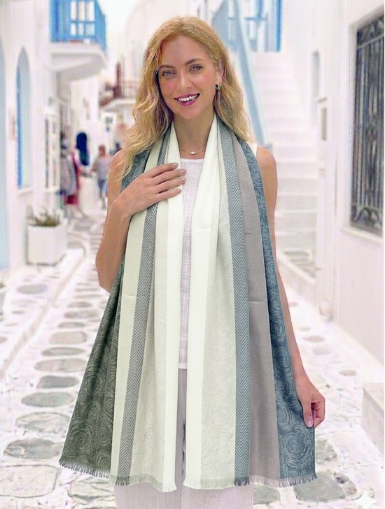 Two-Tone Cloud Print Fashion Shawl Scarf W/ Cut Tassels Two-Tone Cloud Print Fashion Shawl Scarf W/ Cut Tassels