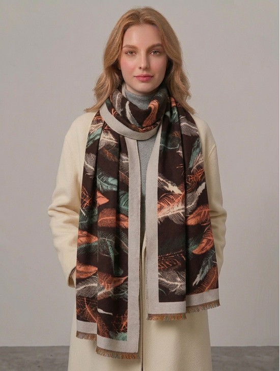 Reversible Cashmere Feeling Feather Print Premium Scarf