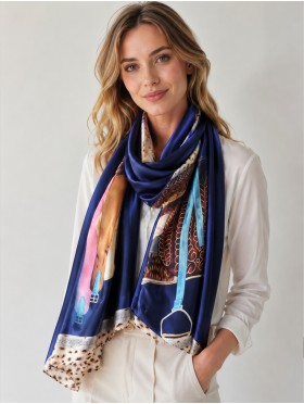 Premium Silk Feeling Navy Sprint Print Scarf