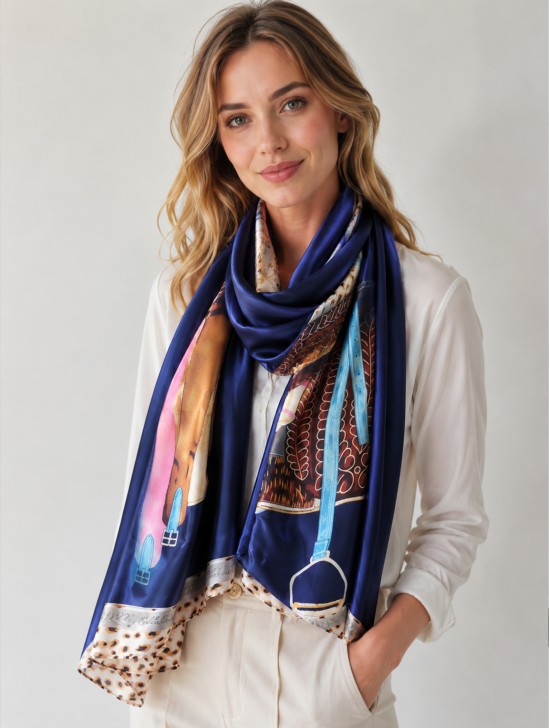 Premium Silk Feeling Navy Sprint Print Scarf