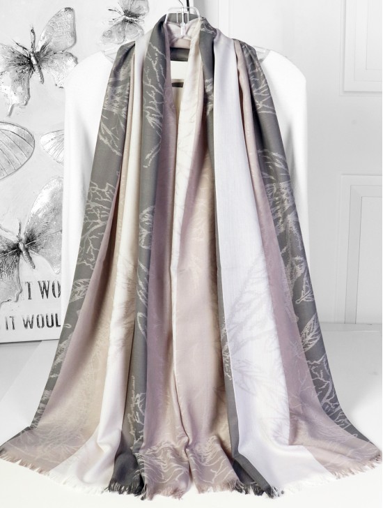 Two-Tone Leaves Print Fashion Shawl Scarf W/ Cut Tassels
