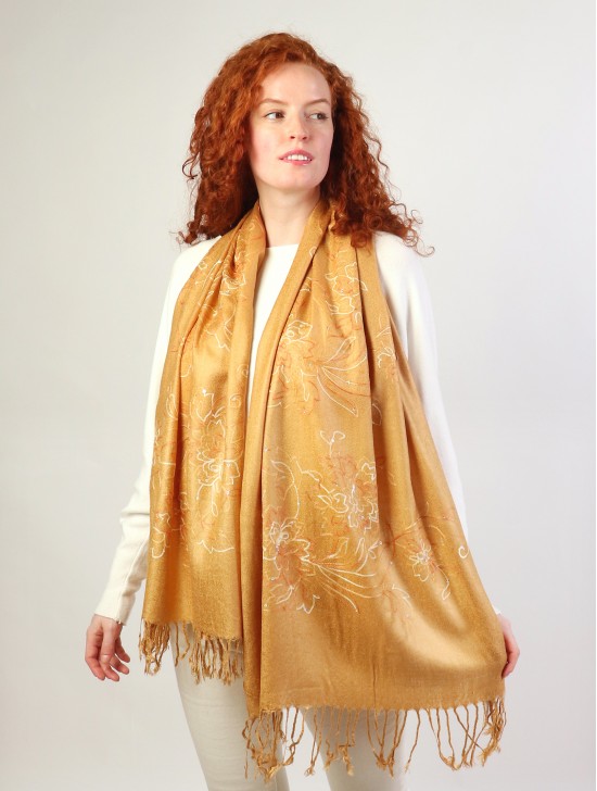 Two-Tone Thread Flower Embroidery Pashmina Scarf W/ Tassels & Sequins