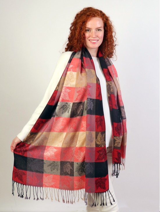 Maple Leaf Print Shawl Scarf W/ Tassels