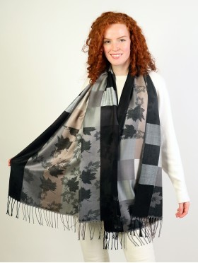 Maple Leaf Print Shawl Scarf W/ Tassels