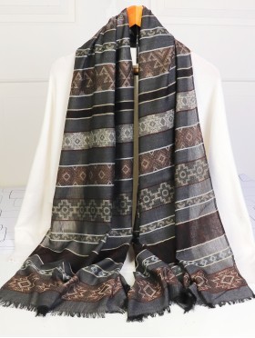 Abstract Printed Two-Tone Scarf W/ Fringe