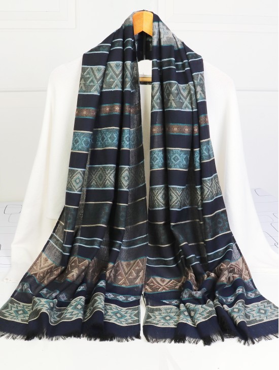 Abstract Printed Two-Tone Scarf W/ Fringe