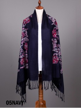 Multi-Colour Thread Flower Embroidery Pashmina Scarf W/ Tassels