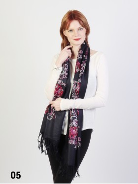 Multi-Colour Thread Flower Embroidery Pashmina Scarf W/ Tassels