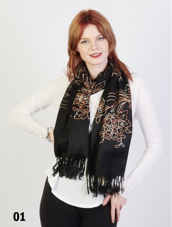 Two-Tone Thread Flower Embroidery Pashmina Scarf W/ Tassels & Sequins