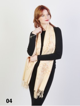 Two-Tone Thread Flower Embroidery Pashmina Scarf W/ Tassels & Sequins