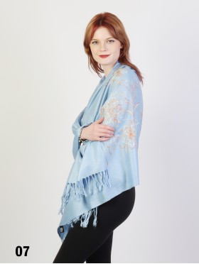 Two-Tone Thread Flower Embroidery Pashmina Scarf W/ Tassels & Sequins