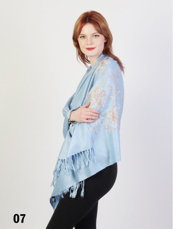 Two-Tone Thread Flower Embroidery Pashmina Scarf W/ Tassels & Sequins